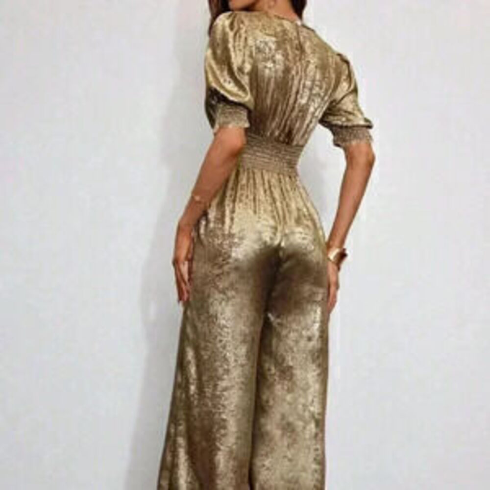 Gold Casual Women's Metallic Deep V-Neck Short Sleeve High Waist Jumpsuit - Picture 2 of 3